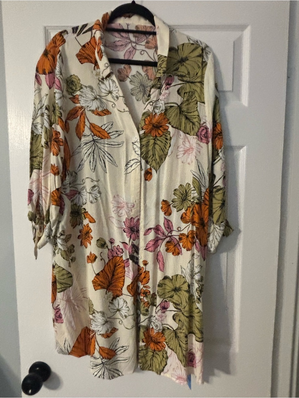 Floral Button-Front Women's Dress - Cream with Orange, Green & Pink